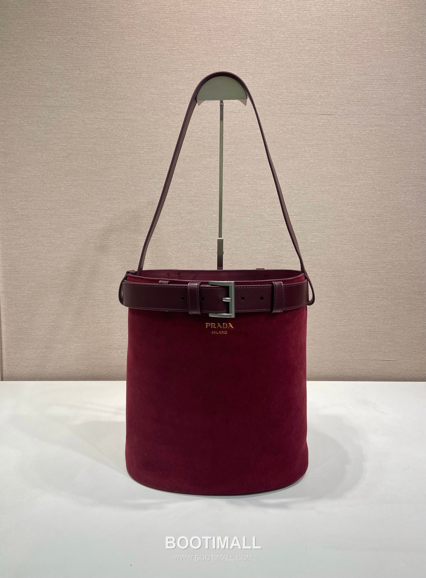 Prada Suede Calfskin Bucket Bag with Buckle Strap and Drawstring Closure 프라다 스웨이드 카프스킨 버클 스트랩 버킷백 1BE085 26.5cm 1