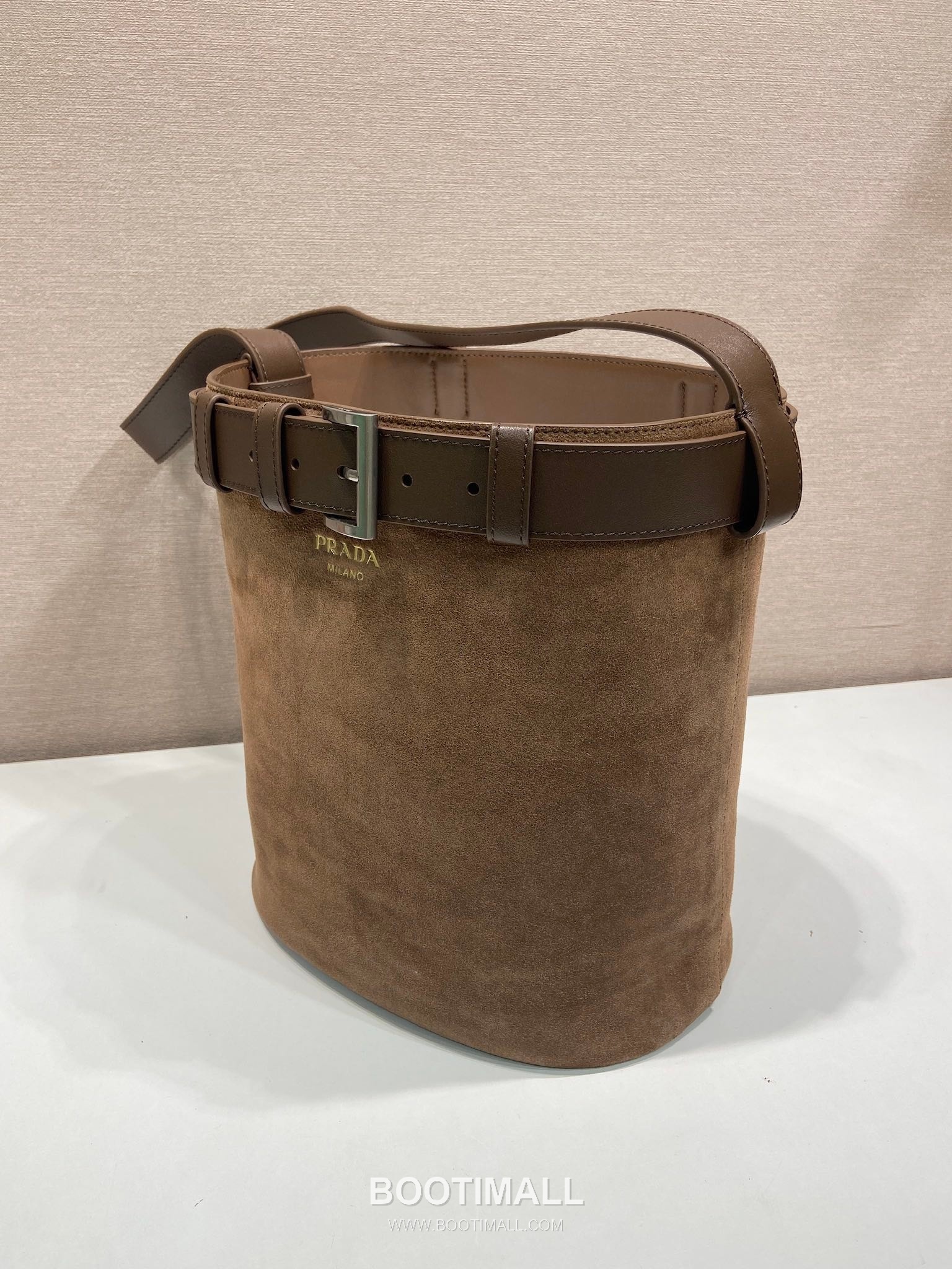 Prada Suede Calfskin Bucket Bag with Buckle Strap and Drawstring Closure 프라다 스웨이드 카프스킨 버클 스트랩 버킷백 1BE085 26.5cm 5