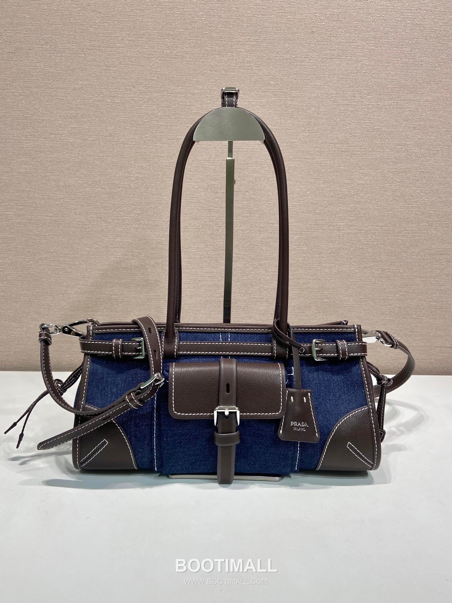 Prada Bonnie Denim Tote Bag with Calfskin Trim and Contrast Stitch Detail 프라다 보니 데님 카프스킨 트림 콘트라스트 스티치 토트백 1BA426 32cm 1