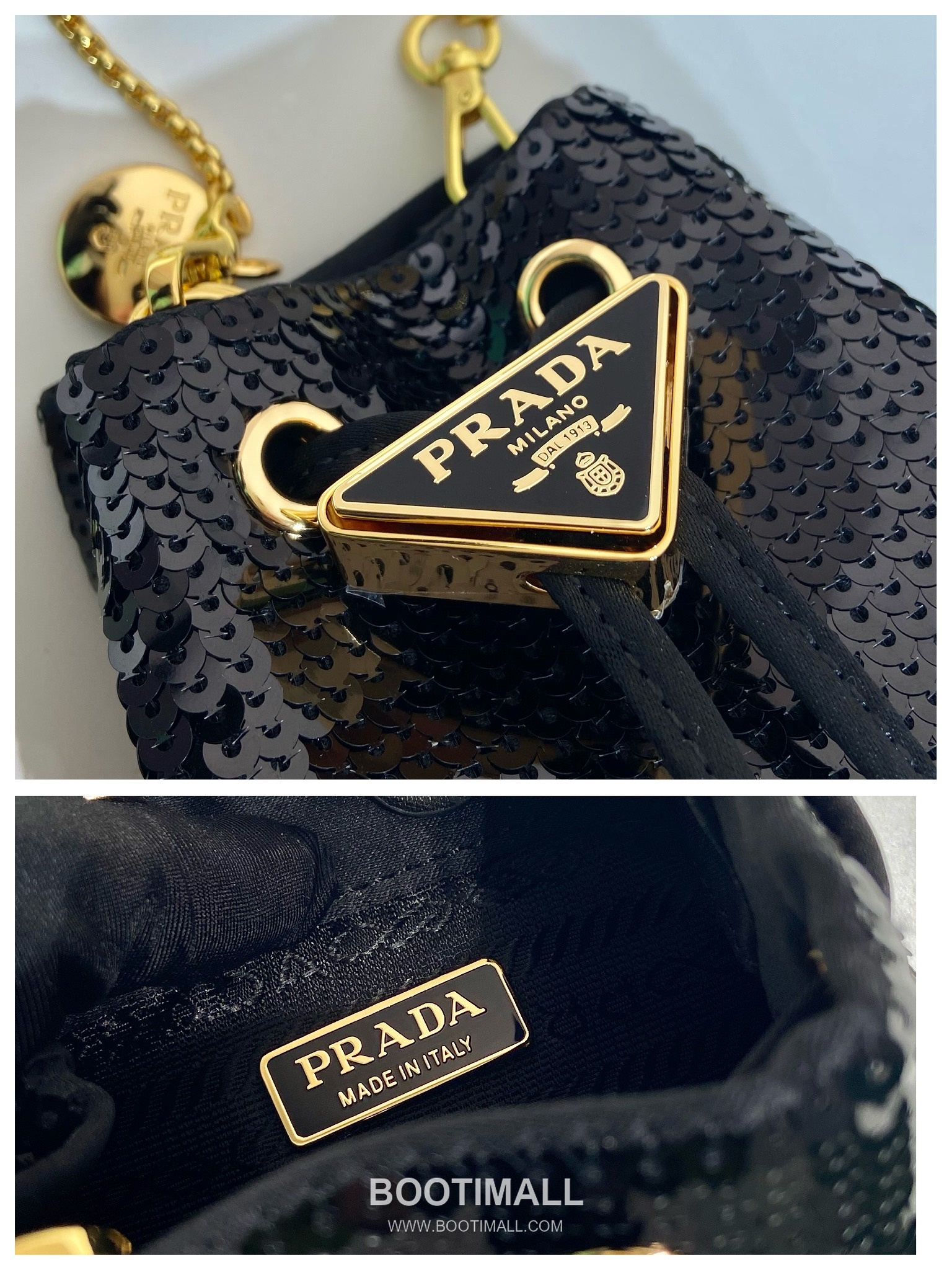 Prada Sequin Embroidered Satin Bucket Bag with Chain Strap and Triangle Logo 프라다 스팽글 자수 새틴 체인스트랩 삼각로고 버킷백 1NR016 10cm 9