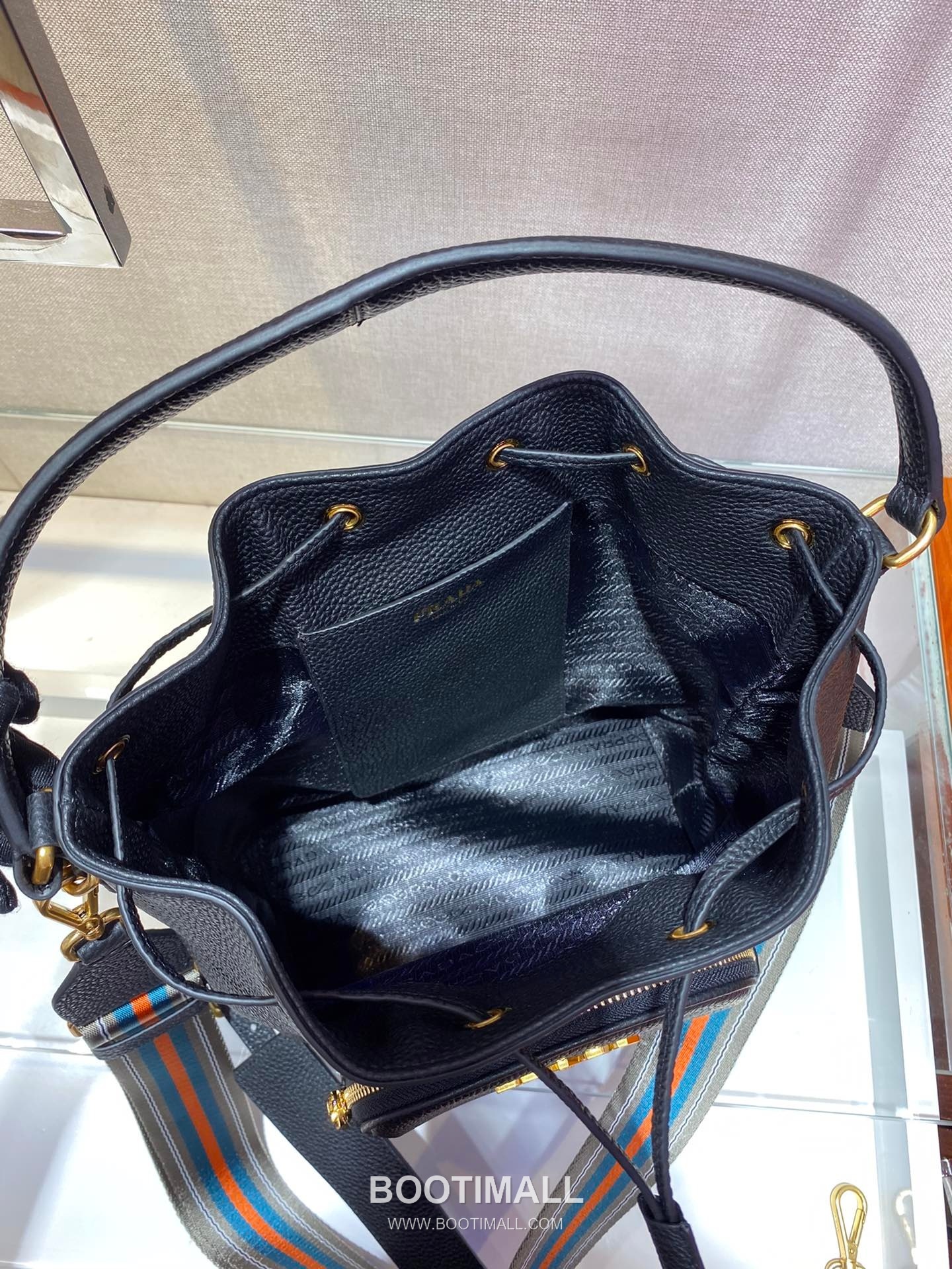 Prada Deer Grain Calfskin Bucket Bag with Drawstring Closure and Dual Strap Detail 프라다 디어그레인 카프스킨 드로스트링 더블스트랩 버킷백 1BE030 25cm 9