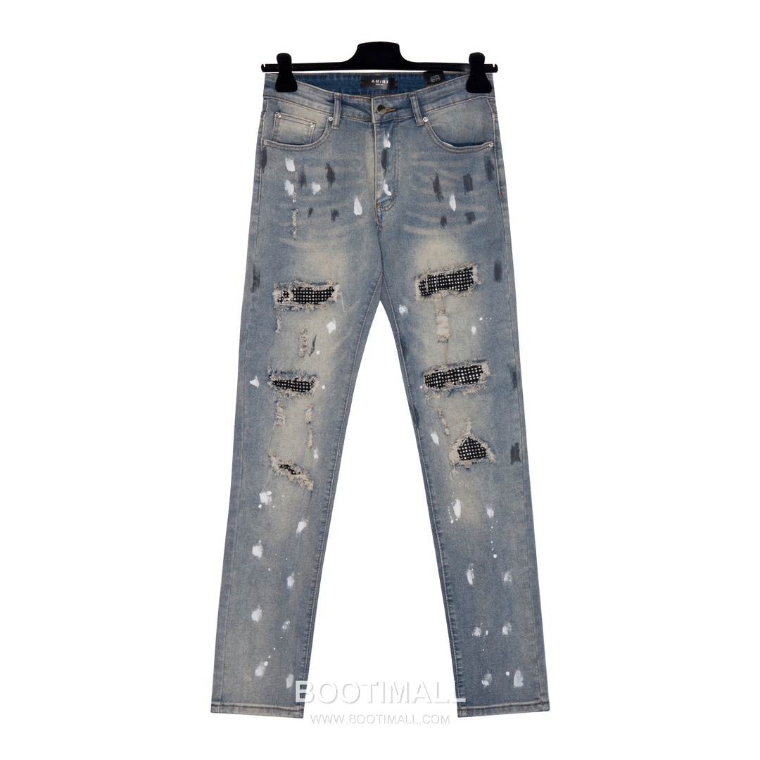 Amiri 2025 S/S Cotton Denim Slim Pants with Distressed Rhinestone Paint Splatter 아미리 2025SS 데님 블루 팬츠 디스트로이드 라인스톤 페인트 스플래터 5