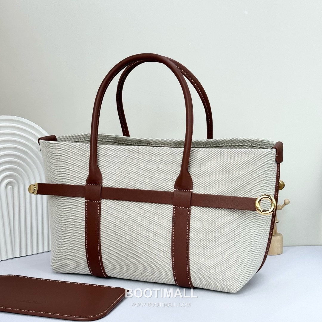 Loro Piana Ghiera Shopper Cotton Linen Canvas Leather Trim Tote Bag with Ring Buckle Detail 로로피아나 기에라 쇼퍼 코튼 린넨 캔버스 카멜 토트백 FAO7477 28cm 7