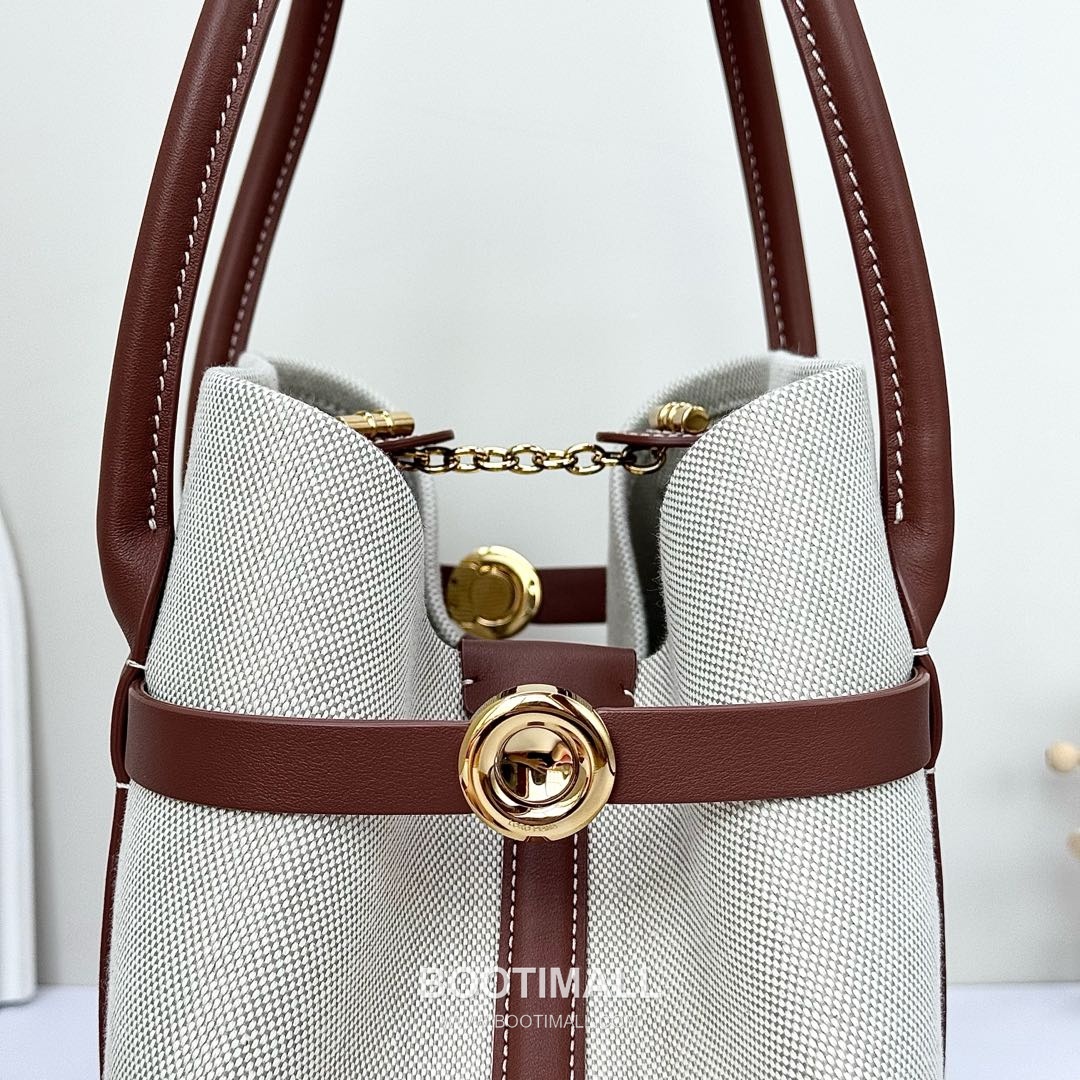 Loro Piana Ghiera Shopper Cotton Linen Canvas Leather Trim Tote Bag with Ring Buckle Detail 로로피아나 기에라 쇼퍼 코튼 린넨 캔버스 카멜 토트백 FAO7477 28cm 10