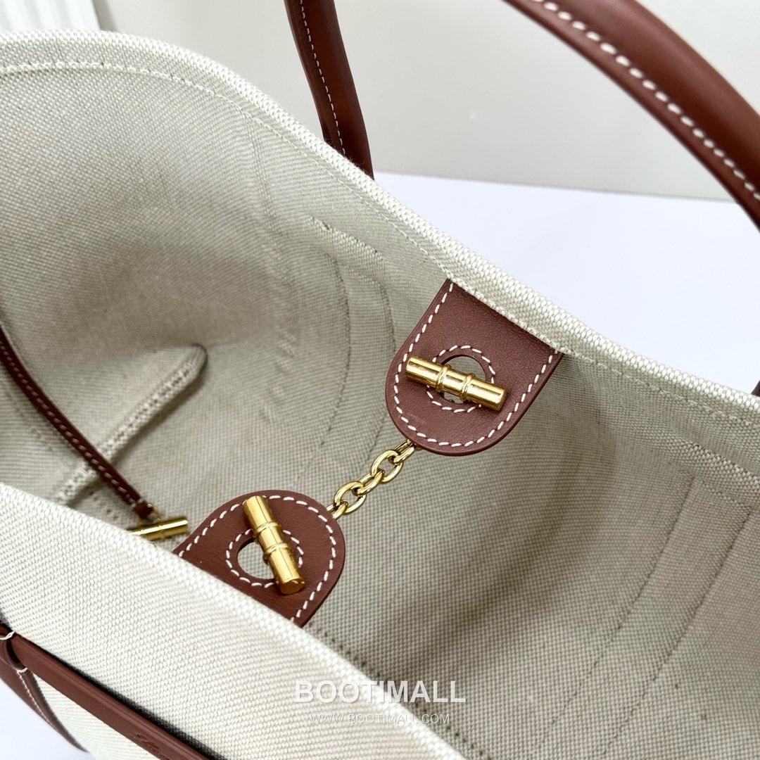 Loro Piana Ghiera Shopper Cotton Linen Canvas Leather Trim Tote Bag with Ring Buckle Detail 로로피아나 기에라 쇼퍼 코튼 린넨 캔버스 카멜 토트백 FAO7477 28cm 12