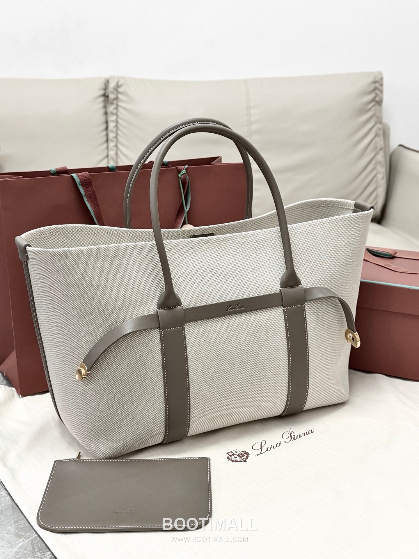 Loro Piana Ghiera Shopper Cotton Linen Canvas Leather Trim Tote Bag with Ring Buckle Detail 로로피아나 기에라 쇼퍼 코튼 린넨 캔버스 그레이 토트백 FAO7475 40cm 5