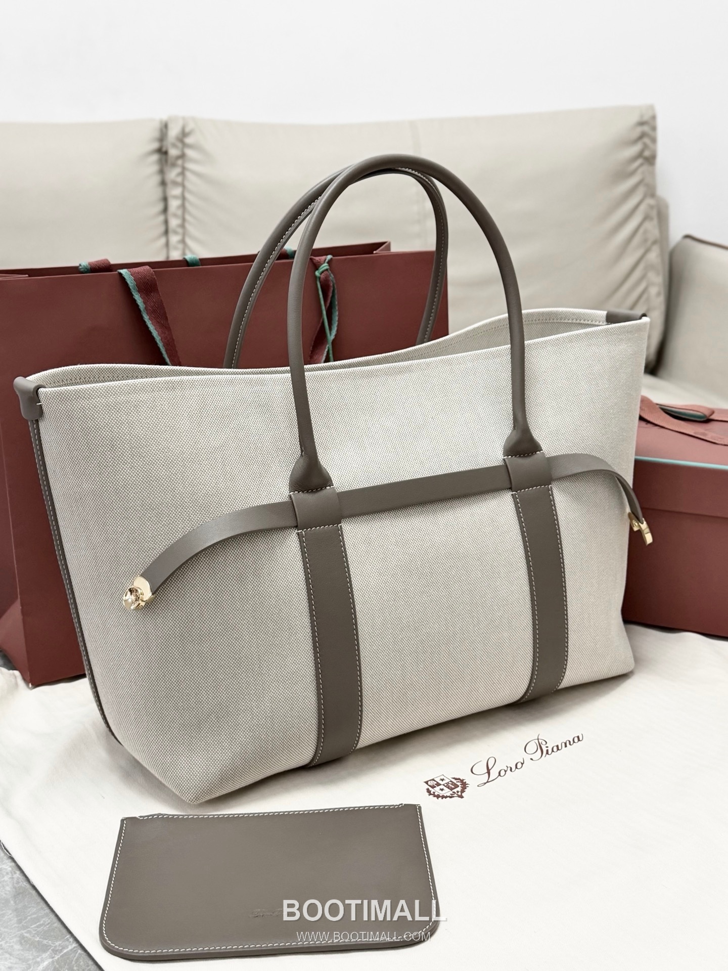 Loro Piana Ghiera Shopper Cotton Linen Canvas Leather Trim Tote Bag with Ring Buckle Detail 로로피아나 기에라 쇼퍼 코튼 린넨 캔버스 그레이 토트백 FAO7475 40cm 6