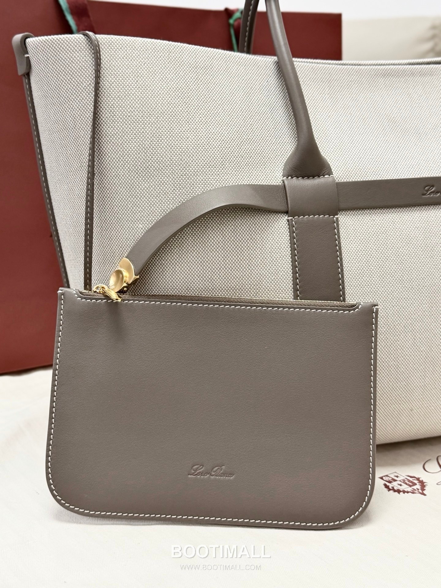 Loro Piana Ghiera Shopper Cotton Linen Canvas Leather Trim Tote Bag with Ring Buckle Detail 로로피아나 기에라 쇼퍼 코튼 린넨 캔버스 그레이 토트백 FAO7475 40cm 10