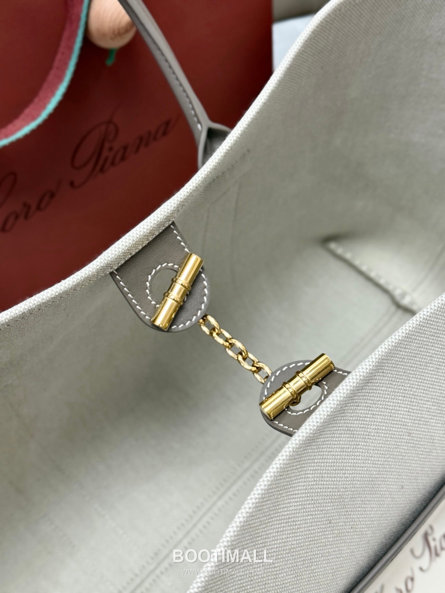Loro Piana Ghiera Shopper Cotton Linen Canvas Leather Trim Tote Bag with Ring Buckle Detail 로로피아나 기에라 쇼퍼 코튼 린넨 캔버스 그레이 토트백 FAO7475 40cm 11