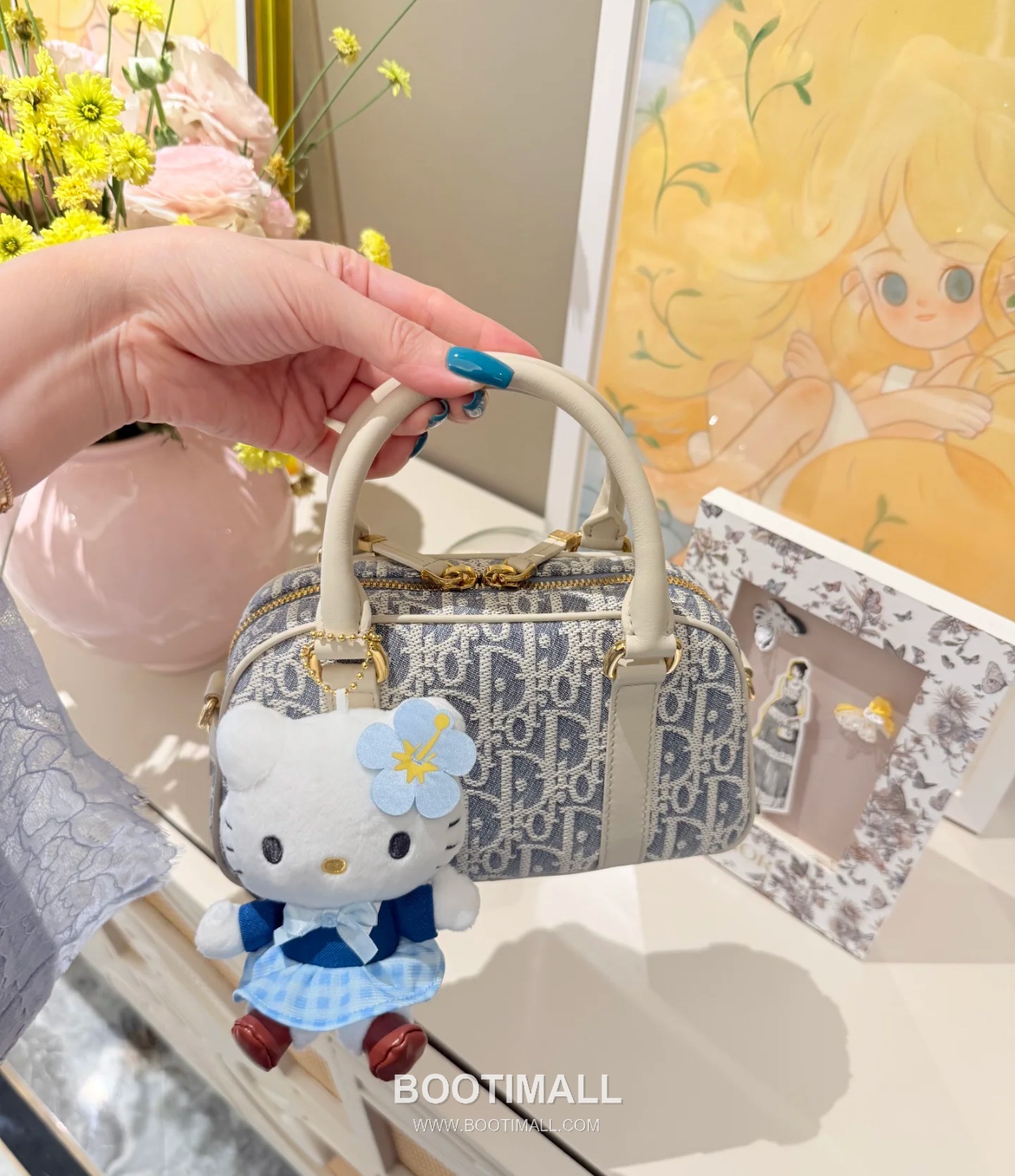 Dior D-Vibe Mini Bowling Raffia Cotton Denim Canvas Top Handle Crossbody Bag 디올 디바이브 미니 보울링 라피아 코튼 데님 블루 탑핸들 크로스백 2388 20.5cm 1