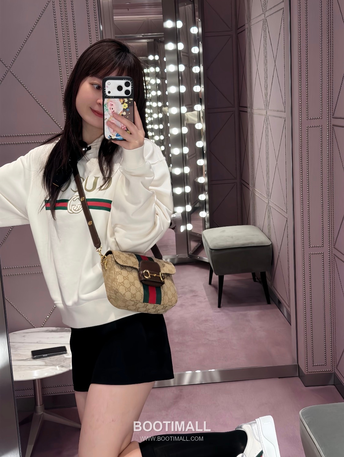 Gucci Horsebit 1955 GG Canvas Leather Trim Saddle Crossbody Bag 구찌 홀스빗 1955 GG 캔버스 베이지 크로스 새들백 866762 21cm 7