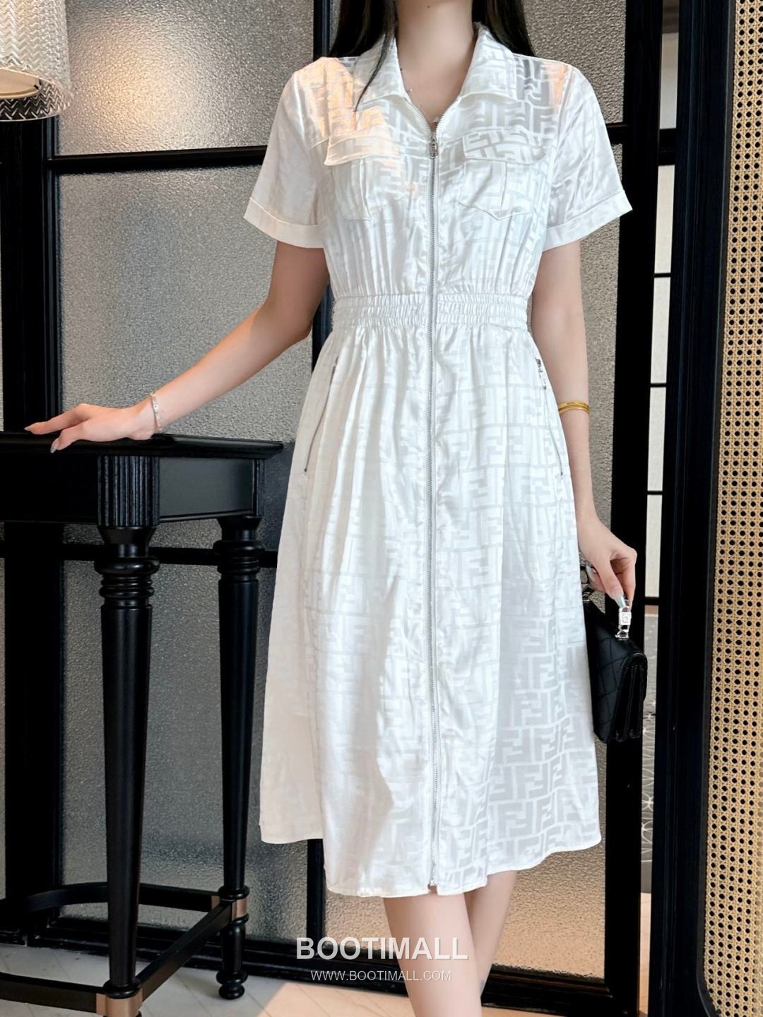 Fendi SS26 Acetate Jacquard Zip Collar Short Sleeve One Piece 펜디 SS26 아세테이트 자카드 집업 카라 블랙 원피스 4