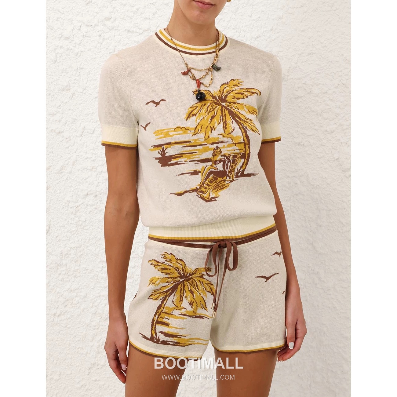 Zimmermann SS26 Knit Jacquard Palm Tree Short Sleeve Shorts Set 짐머만 SS26 니트 자카드 야자수 반팔 브라운 쇼츠 셋업 1