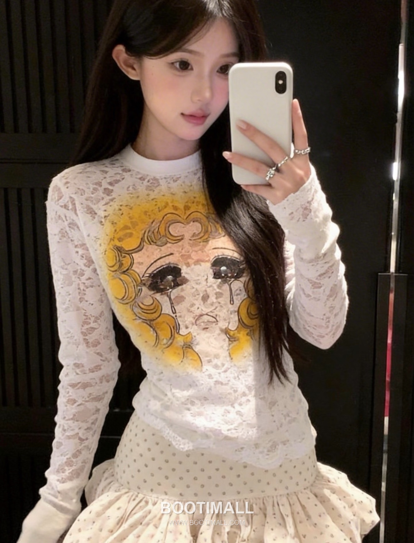 Pushbutton SS26 Polyester Lace Long Sleeve T-Shirt Graphic Print 푸시버튼 SS26 폴리에스터 레이스 긴팔 티셔츠 그래픽 프린트 화이트 티셔츠 8