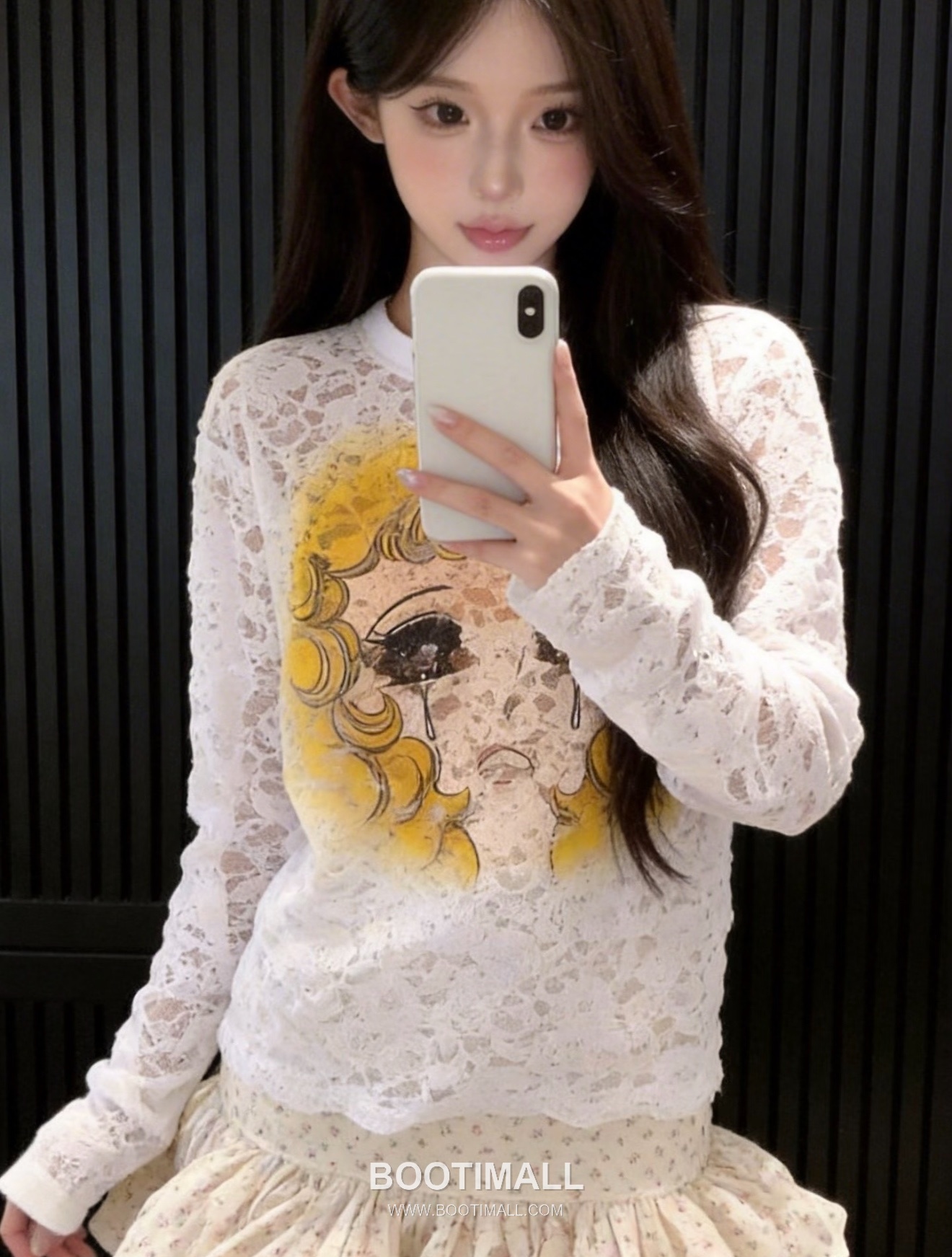 Pushbutton SS26 Polyester Lace Long Sleeve T-Shirt Graphic Print 푸시버튼 SS26 폴리에스터 레이스 긴팔 티셔츠 그래픽 프린트 화이트 티셔츠 9