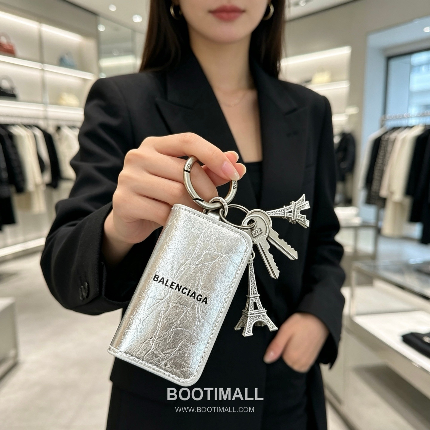 발렌시아가 에펠타워 카드 슬롯 레더 블랙 키링 카드지갑 Balenciaga Eiffel Tower Card Slot Leather Black Keyring Card Holder 10cm 4