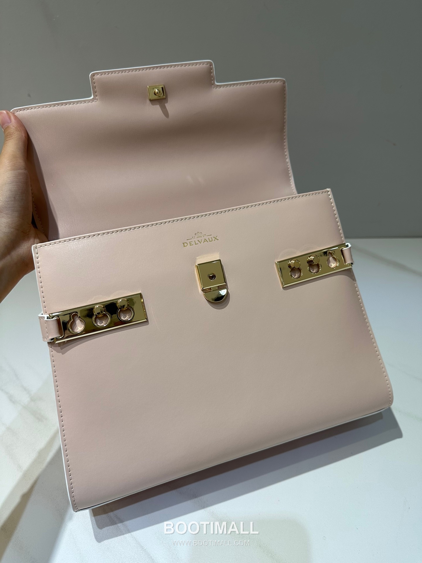 델보 템페트 PM 박스 카프스킨 핑크 트리컬러 스트랩 메탈락 플랩 핸드백 Delvaux Tempete PM Box Calfskin Pink Tricolor Strap Metal Lock Flap Handbag 99160066 28cm 8