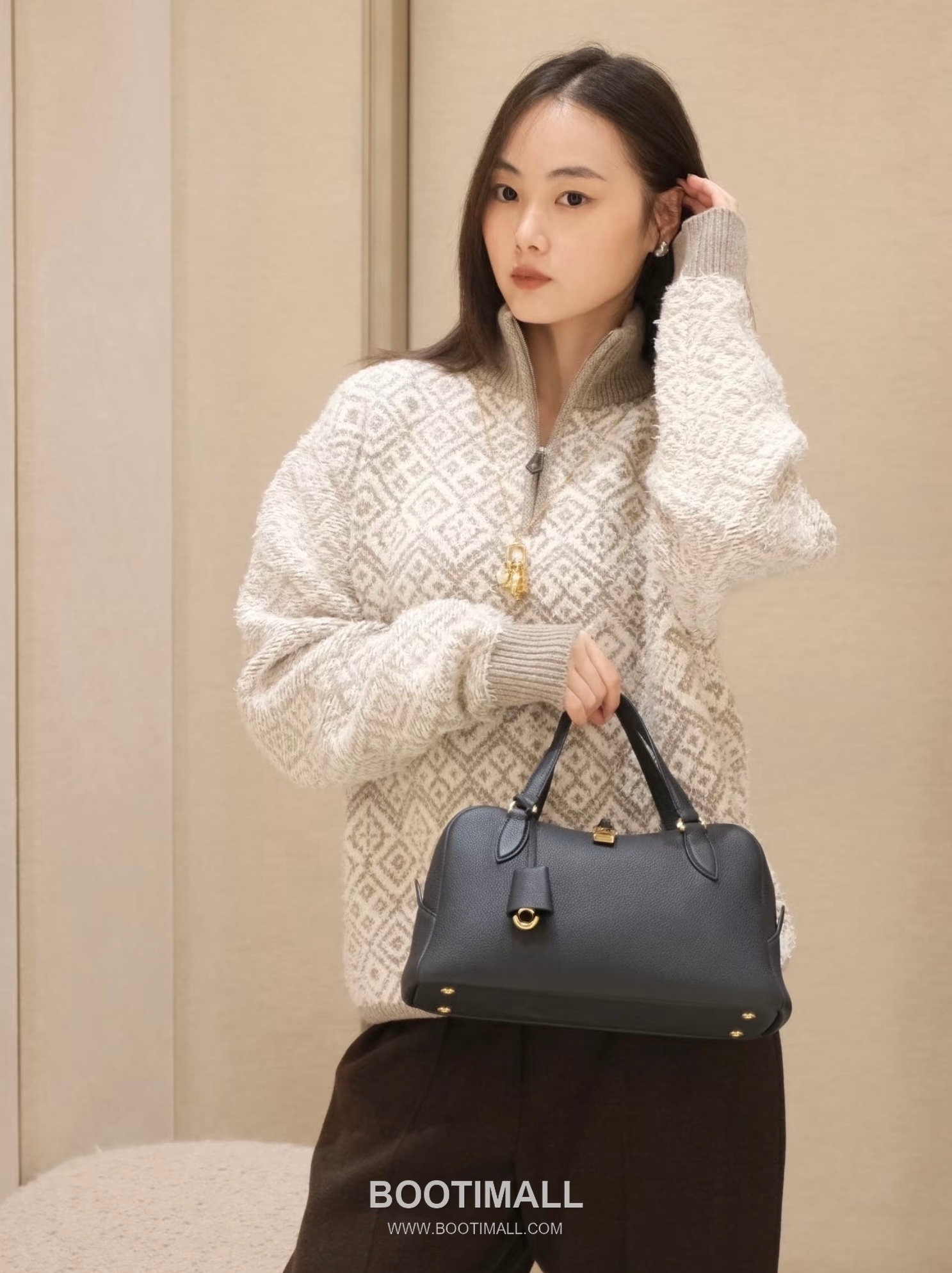 로로피아나 니들 스몰 캔버스 카프스킨 베이지 스트랩 더블지퍼 토트 핸드백 Loro Piana Needle Small Canvas Calfskin Beige Strap Double Zip Tote Handbag 31cm 1