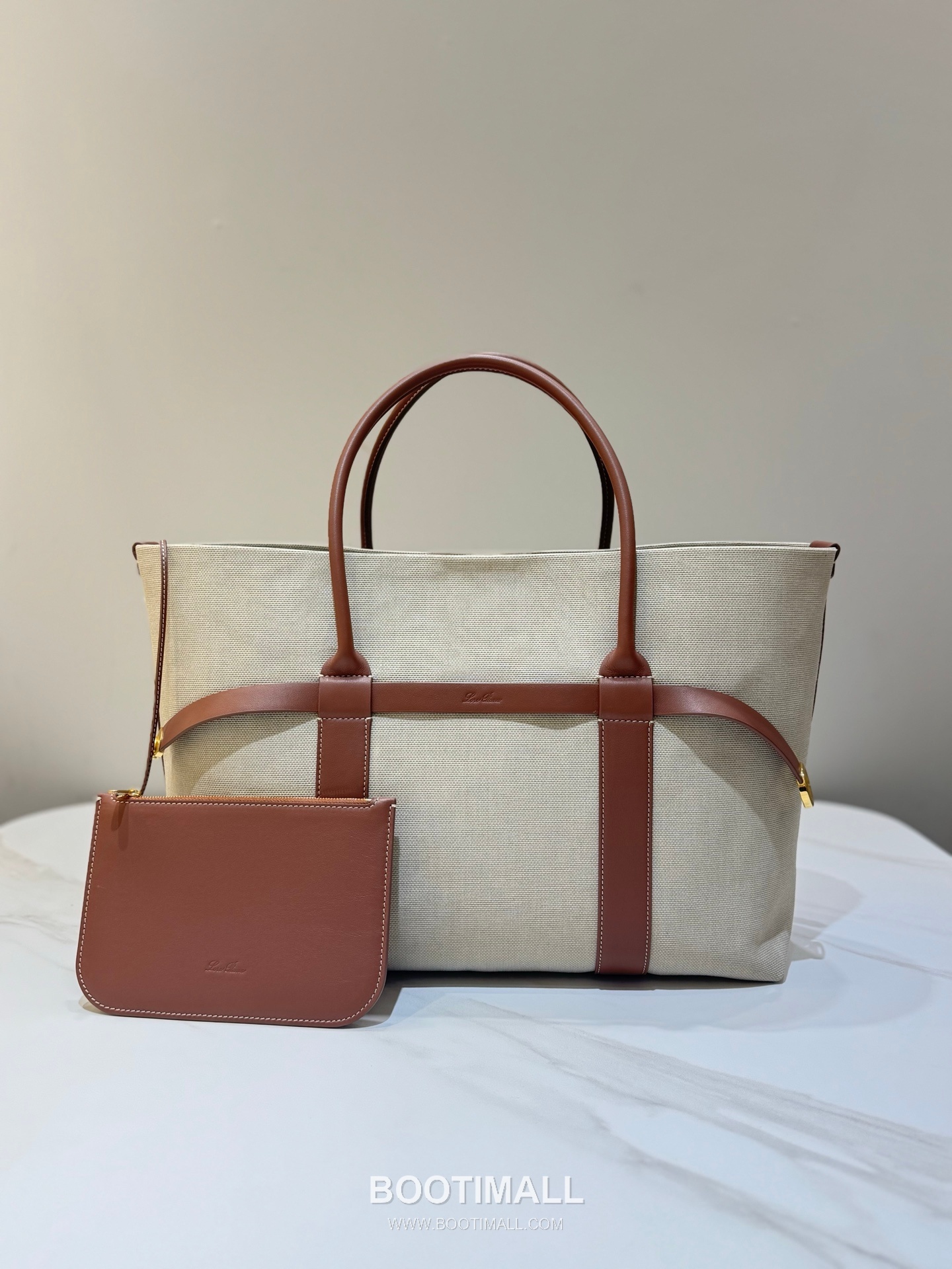 로로피아나 기에라 쇼퍼 라지 캔버스 카프스킨 베이지 벨트링 토트 핸드백 Loro Piana Ghiera Shopper Large Canvas Calfskin Beige Belt Ring Tote Handbag 40cm 1
