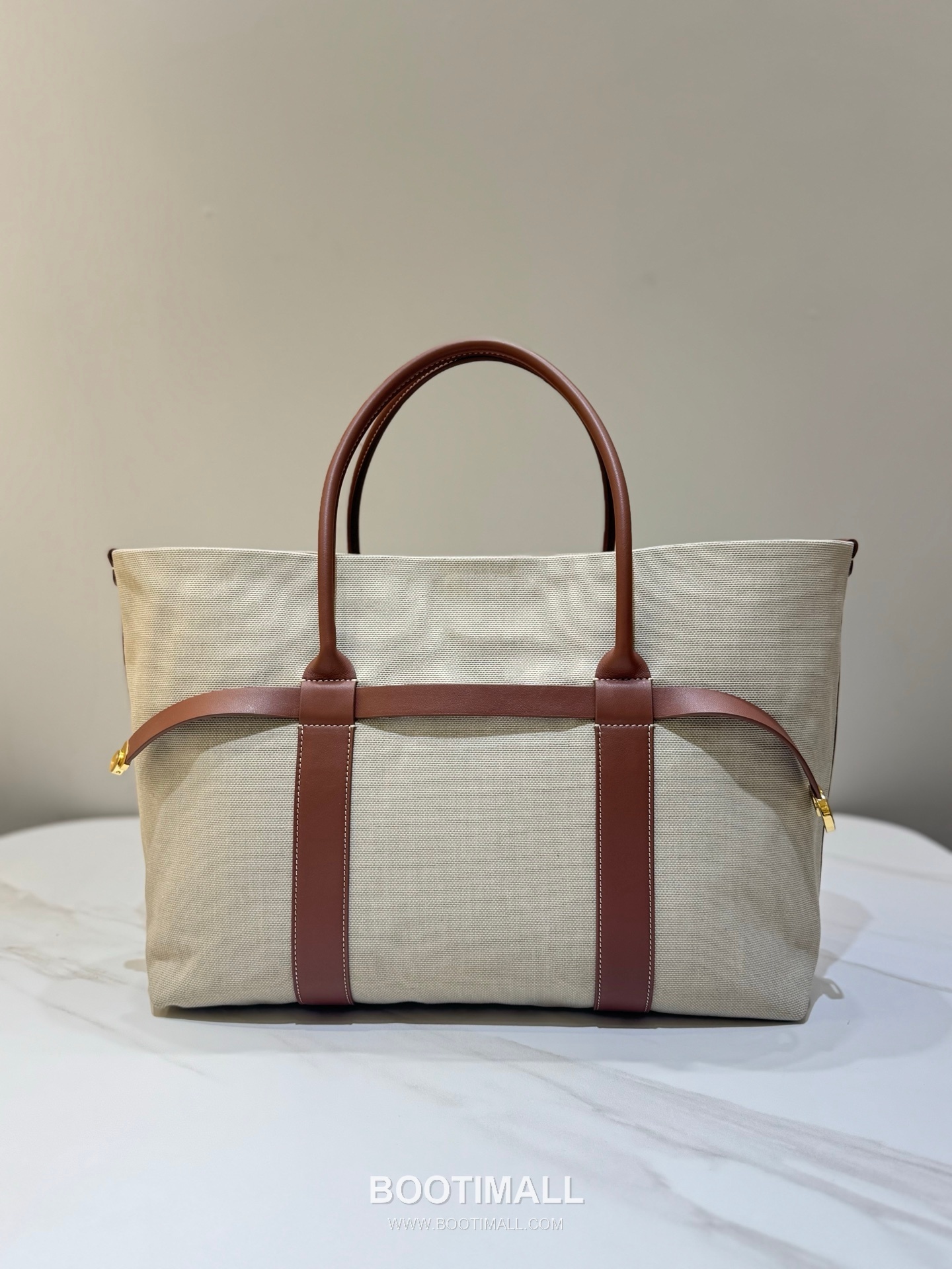 로로피아나 기에라 쇼퍼 라지 캔버스 카프스킨 베이지 벨트링 토트 핸드백 Loro Piana Ghiera Shopper Large Canvas Calfskin Beige Belt Ring Tote Handbag 40cm 2