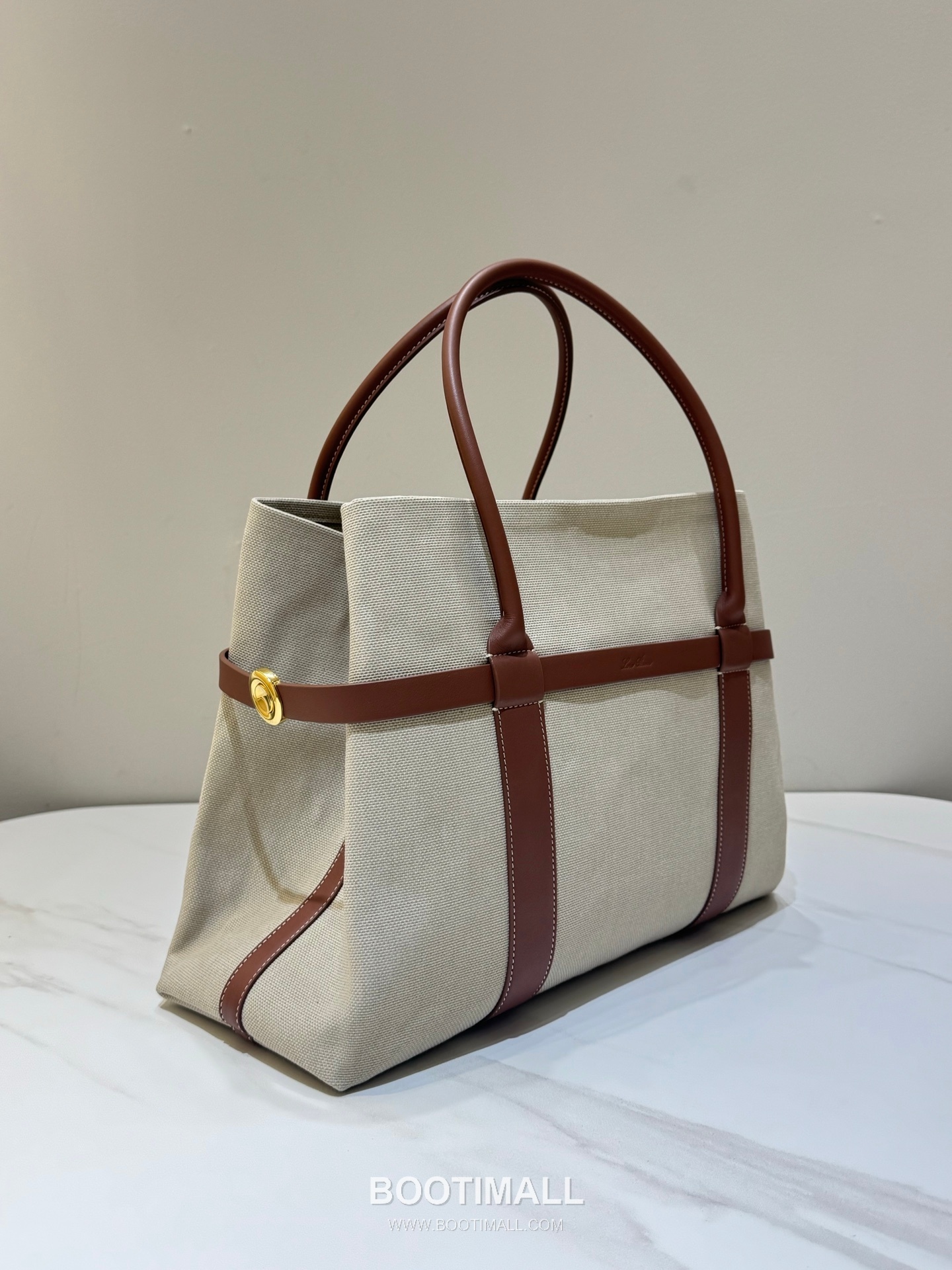 로로피아나 기에라 쇼퍼 라지 캔버스 카프스킨 베이지 벨트링 토트 핸드백 Loro Piana Ghiera Shopper Large Canvas Calfskin Beige Belt Ring Tote Handbag 40cm 3