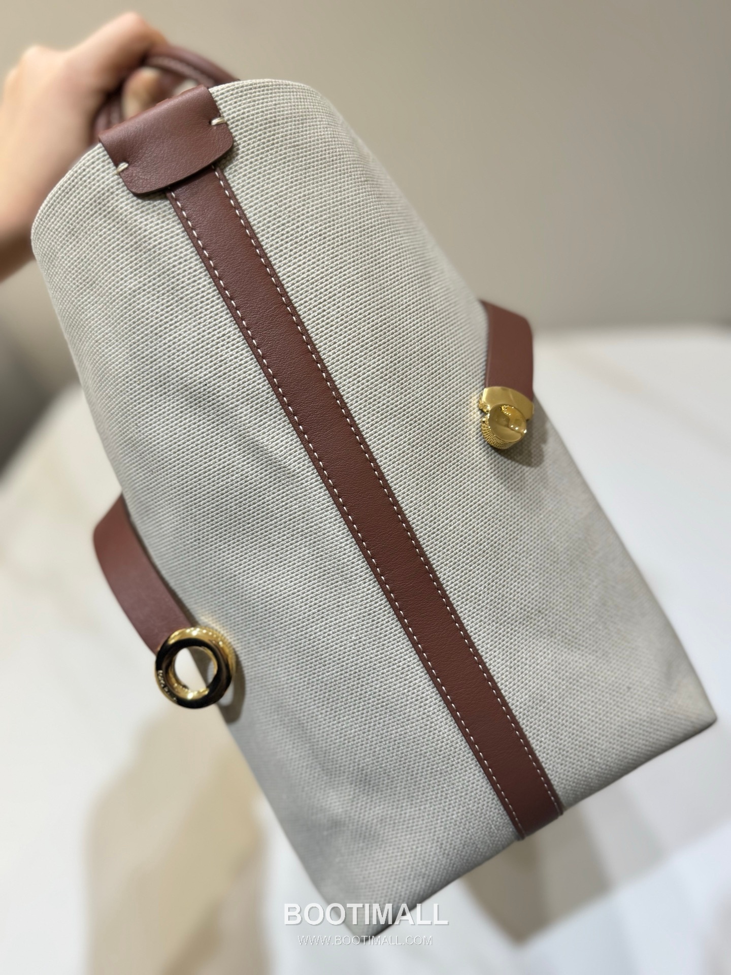 로로피아나 기에라 쇼퍼 라지 캔버스 카프스킨 베이지 벨트링 토트 핸드백 Loro Piana Ghiera Shopper Large Canvas Calfskin Beige Belt Ring Tote Handbag 40cm 5