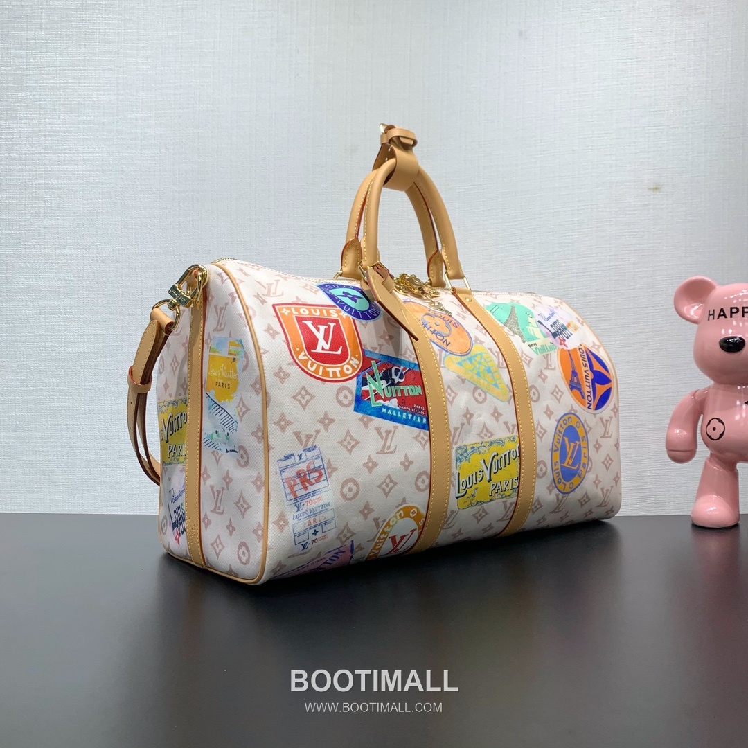 루이비통 키폴 반둘리에 45 모노그램 듄 캔버스 레더 트리밍 트래블 패치 브라운 여행가방 Louis Vuitton Keepall Bandouliere 45 Monogram Dune Canvas Leather Trim Travel Patch Brown Duffle Bag M14736 45cm 2