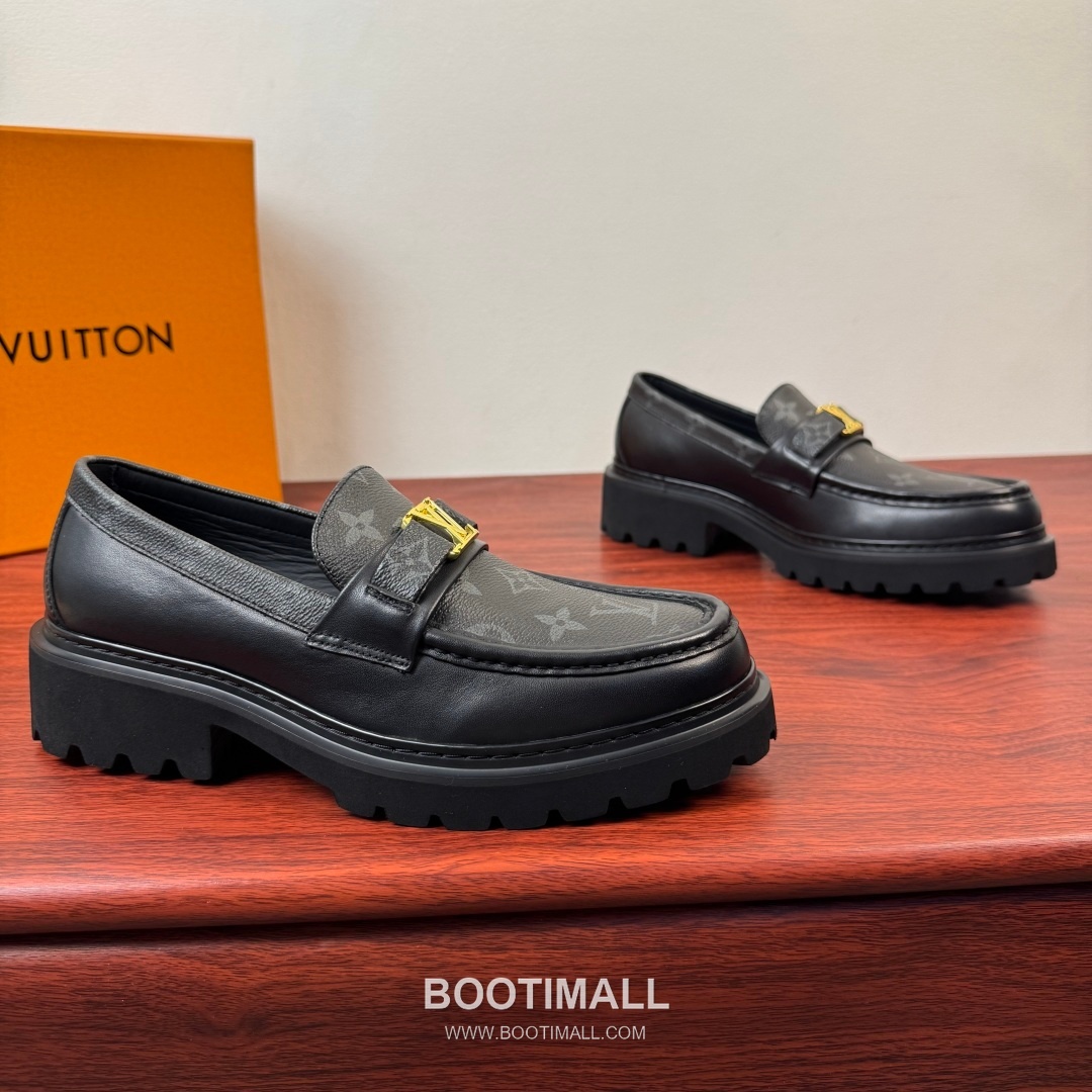 루이비통 Major 다미에 캔버스 소가죽 로고버클 플랫폼 블랙 로퍼 Louis Vuitton Major Damier Canvas Calfskin Logo Buckle Platform Black Loafers 1