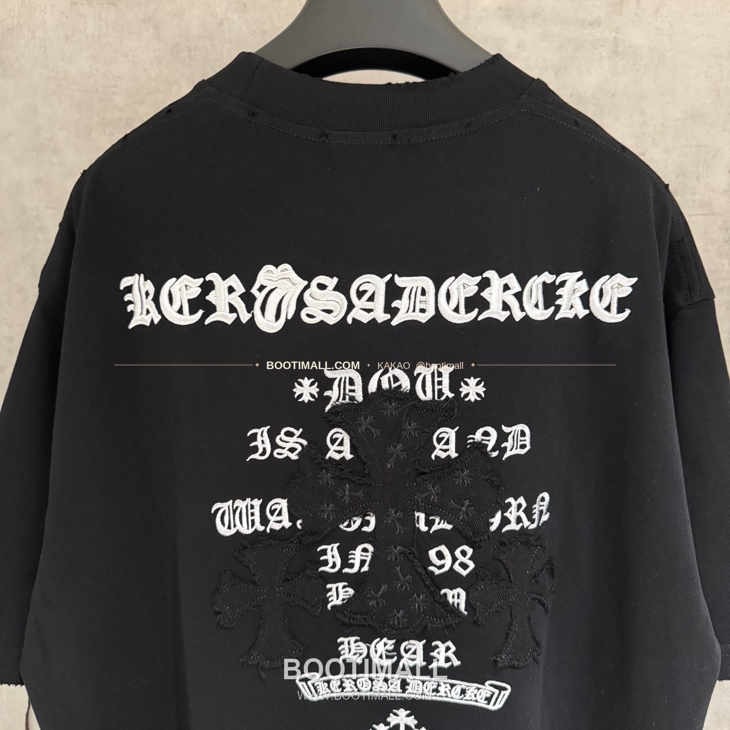 크롬하츠 2026SS 헤비코튼 자수 디스트로이드 루즈핏 블랙 반팔 티셔츠 Chrome Hearts 2026 SS Heavy Cotton Embroidered Distressed Loose Fit Black T-Shirt K233 4