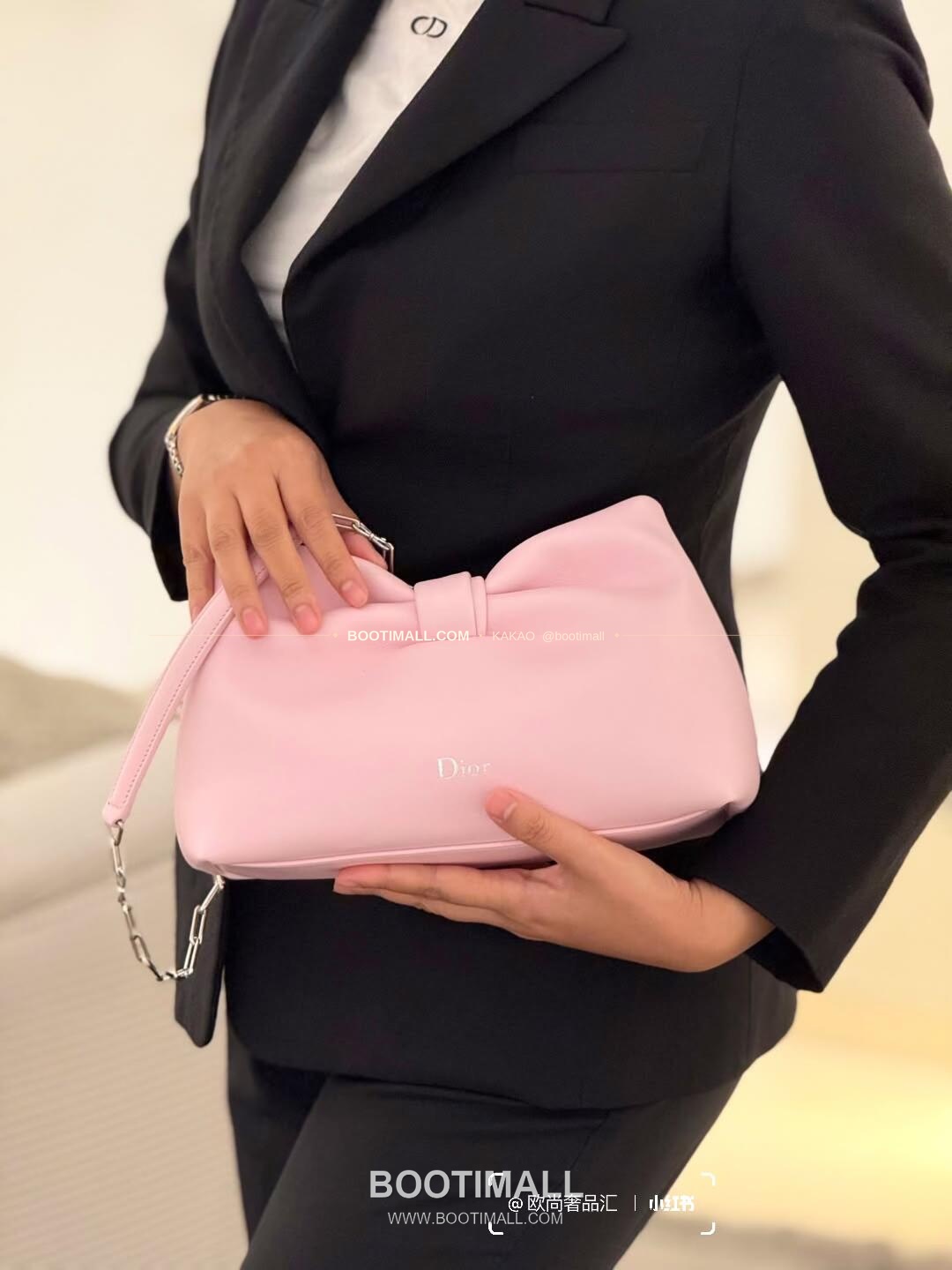 디올 램스킨 레더 리본 체인 숄더백 핑크 Dior Lambskin Leather Bow Chain Shoulder Bag 2831 27cm 2