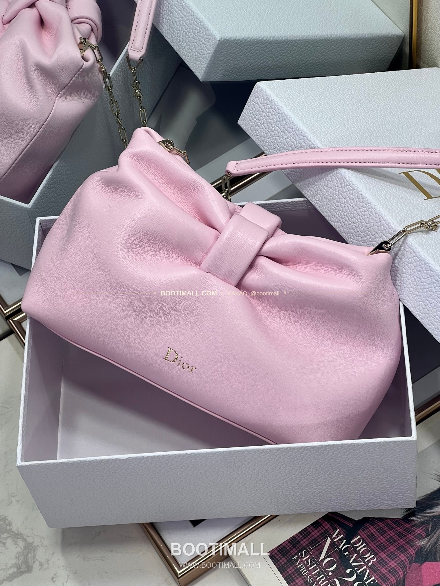 디올 램스킨 레더 리본 체인 숄더백 핑크 Dior Lambskin Leather Bow Chain Shoulder Bag 2831 27cm 9