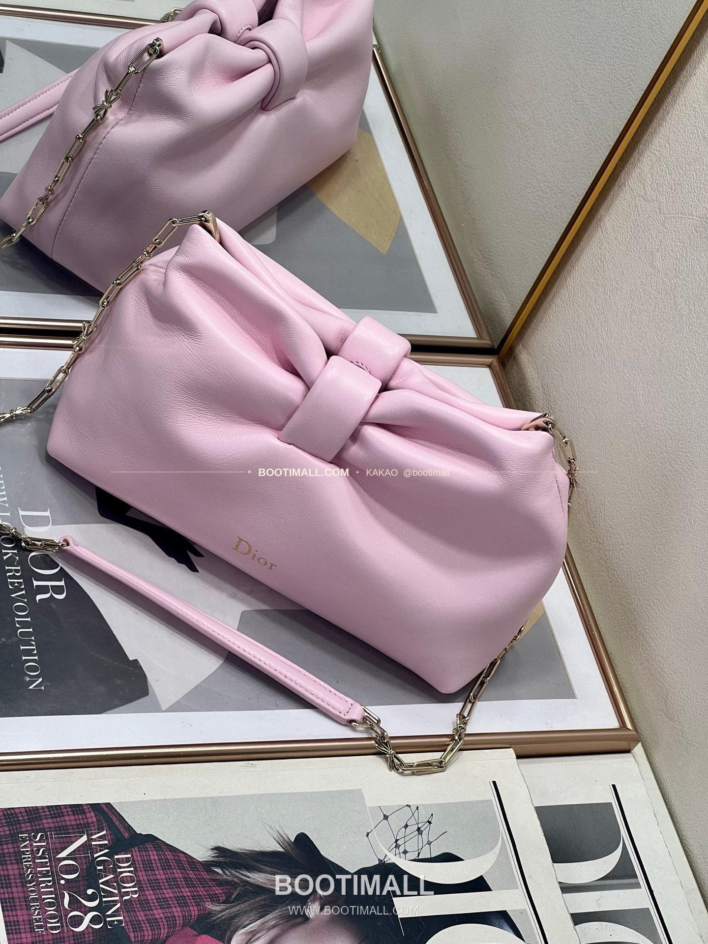 디올 램스킨 레더 리본 체인 숄더백 핑크 Dior Lambskin Leather Bow Chain Shoulder Bag 2831 27cm 11