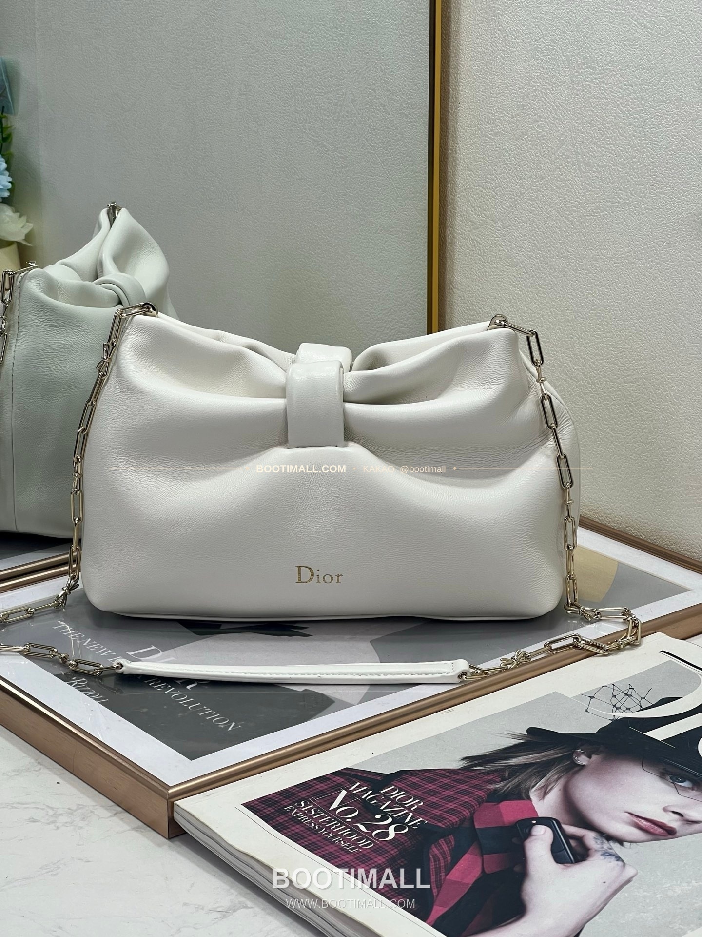 디올 램스킨 레더 리본 체인 숄더백 화이트 Dior Lambskin Leather Bow Chain Shoulder Bag 2831 27cm 5