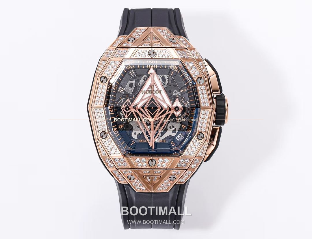 위블로 빅뱅 상블루 III 스켈레톤 기하학 크로노그래프 러버밴드 오토매틱 Hublot Big Bang Sang Bleu III Skeleton Geometric Chronograph Rubber Strap Automatic 42mm 1