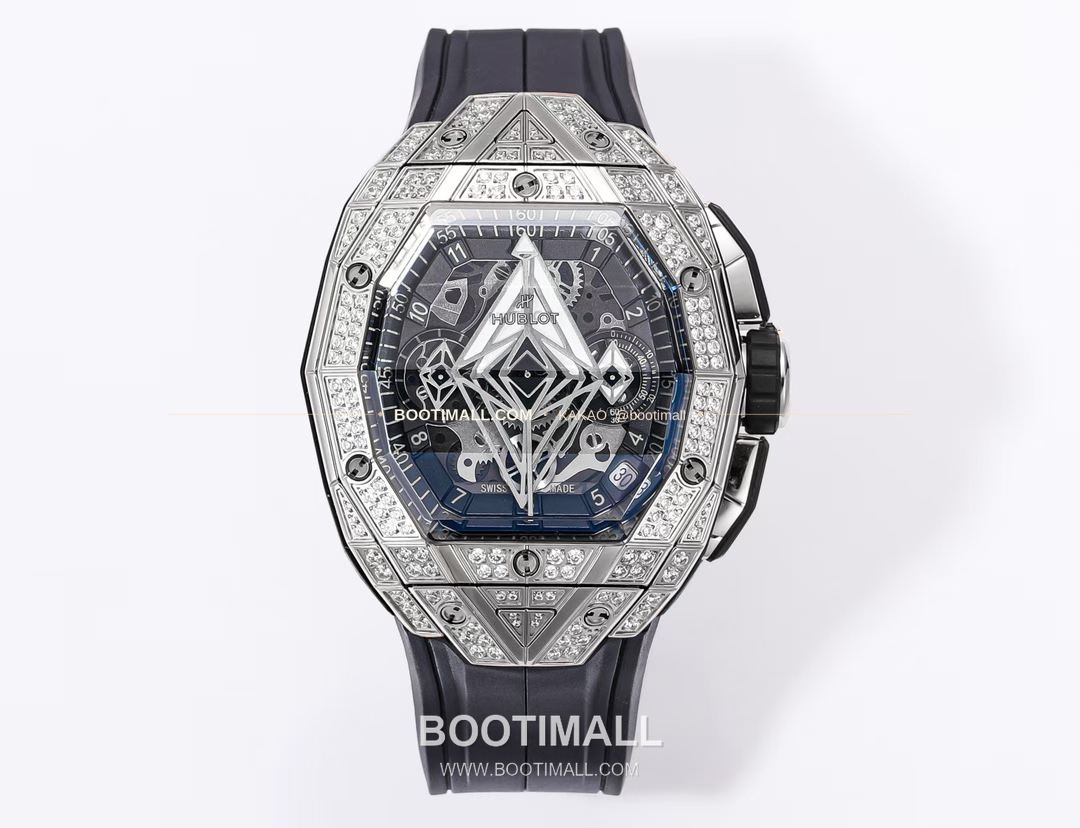 위블로 빅뱅 상블루 III 스켈레톤 기하학 크로노그래프 러버밴드 오토매틱 Hublot Big Bang Sang Bleu III Skeleton Geometric Chronograph Rubber Strap Automatic 42mm 1