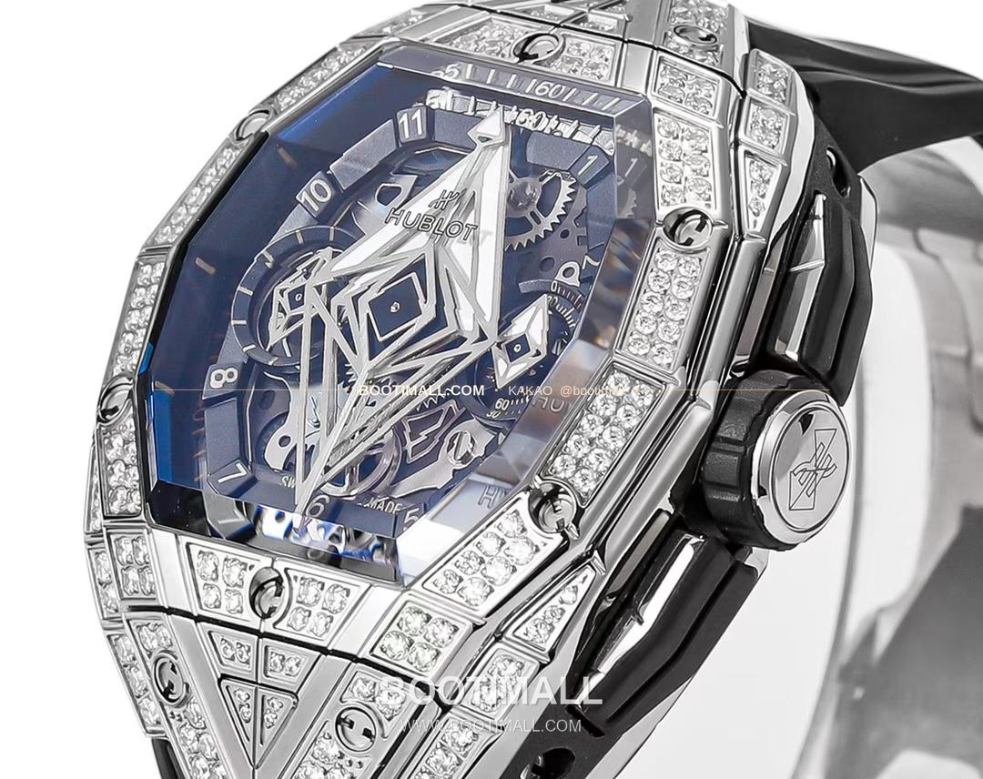 위블로 빅뱅 상블루 III 스켈레톤 기하학 크로노그래프 러버밴드 오토매틱 Hublot Big Bang Sang Bleu III Skeleton Geometric Chronograph Rubber Strap Automatic 42mm 3