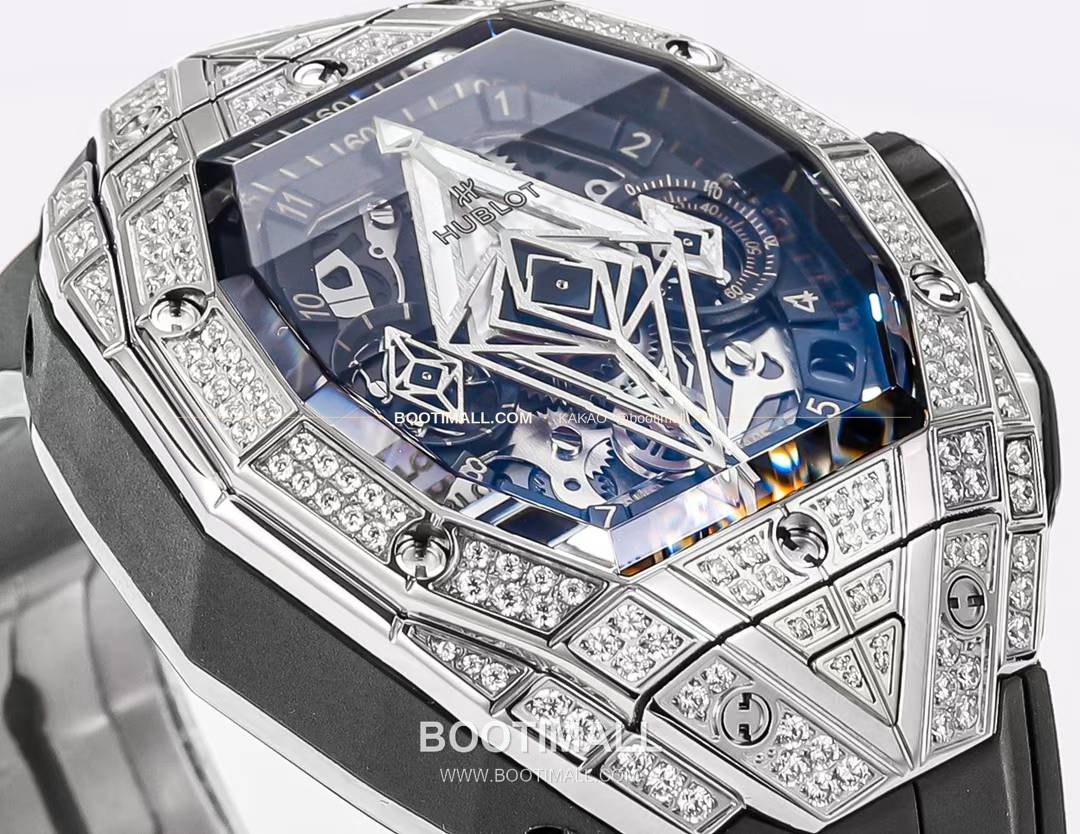 위블로 빅뱅 상블루 III 스켈레톤 기하학 크로노그래프 러버밴드 오토매틱 Hublot Big Bang Sang Bleu III Skeleton Geometric Chronograph Rubber Strap Automatic 42mm 4