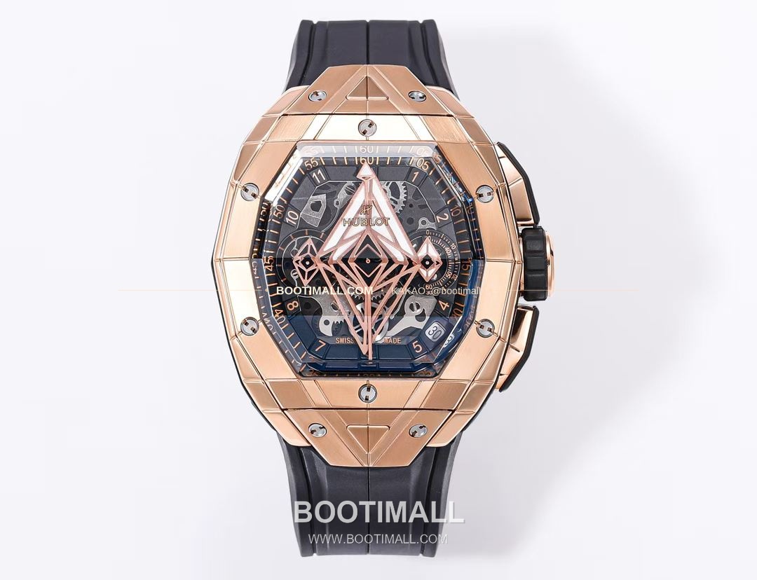 위블로 빅뱅 상블루 III 스켈레톤 기하학 크로노그래프 러버밴드 오토매틱 Hublot Big Bang Sang Bleu III Skeleton Geometric Chronograph Rubber Strap Automatic 42mm 1