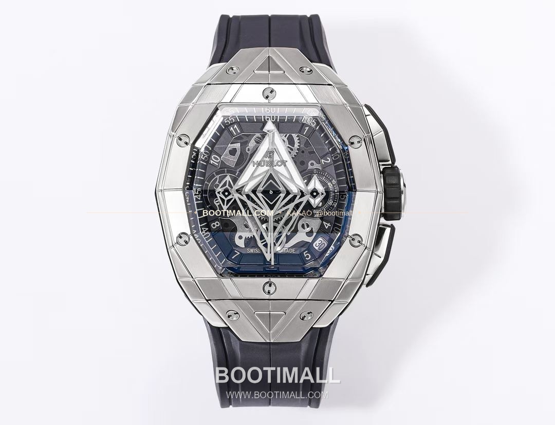 위블로 빅뱅 상블루 III 스켈레톤 기하학 크로노그래프 러버밴드 오토매틱 Hublot Big Bang Sang Bleu III Skeleton Geometric Chronograph Rubber Strap Automatic 42mm 1
