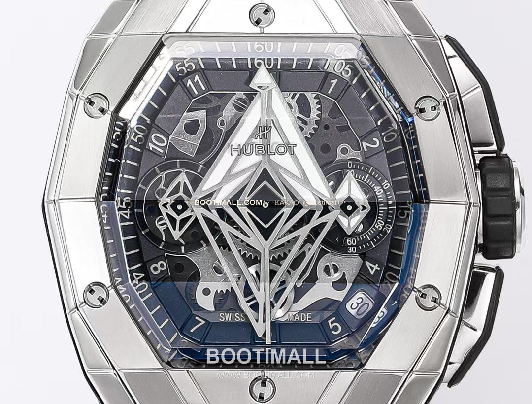 위블로 빅뱅 상블루 III 스켈레톤 기하학 크로노그래프 러버밴드 오토매틱 Hublot Big Bang Sang Bleu III Skeleton Geometric Chronograph Rubber Strap Automatic 42mm 5