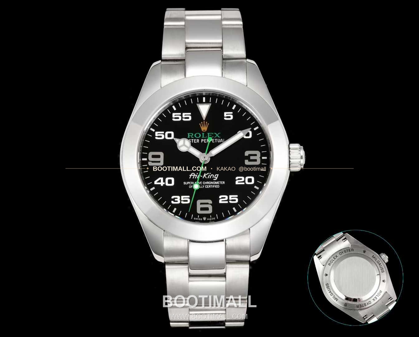 롤렉스 에어킹 스틸 블랙다이얼 그린핸즈 오토매틱 Rolex Air-King Steel Black Dial Green Hands Automatic 40mm 1