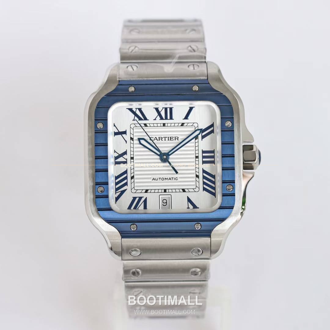 까르띠에 산토스 스틸 블루베젤 러버스트랩 오토매틱 Cartier Santos Steel Blue Bezel Rubber Strap Automatic 39.8mm 2