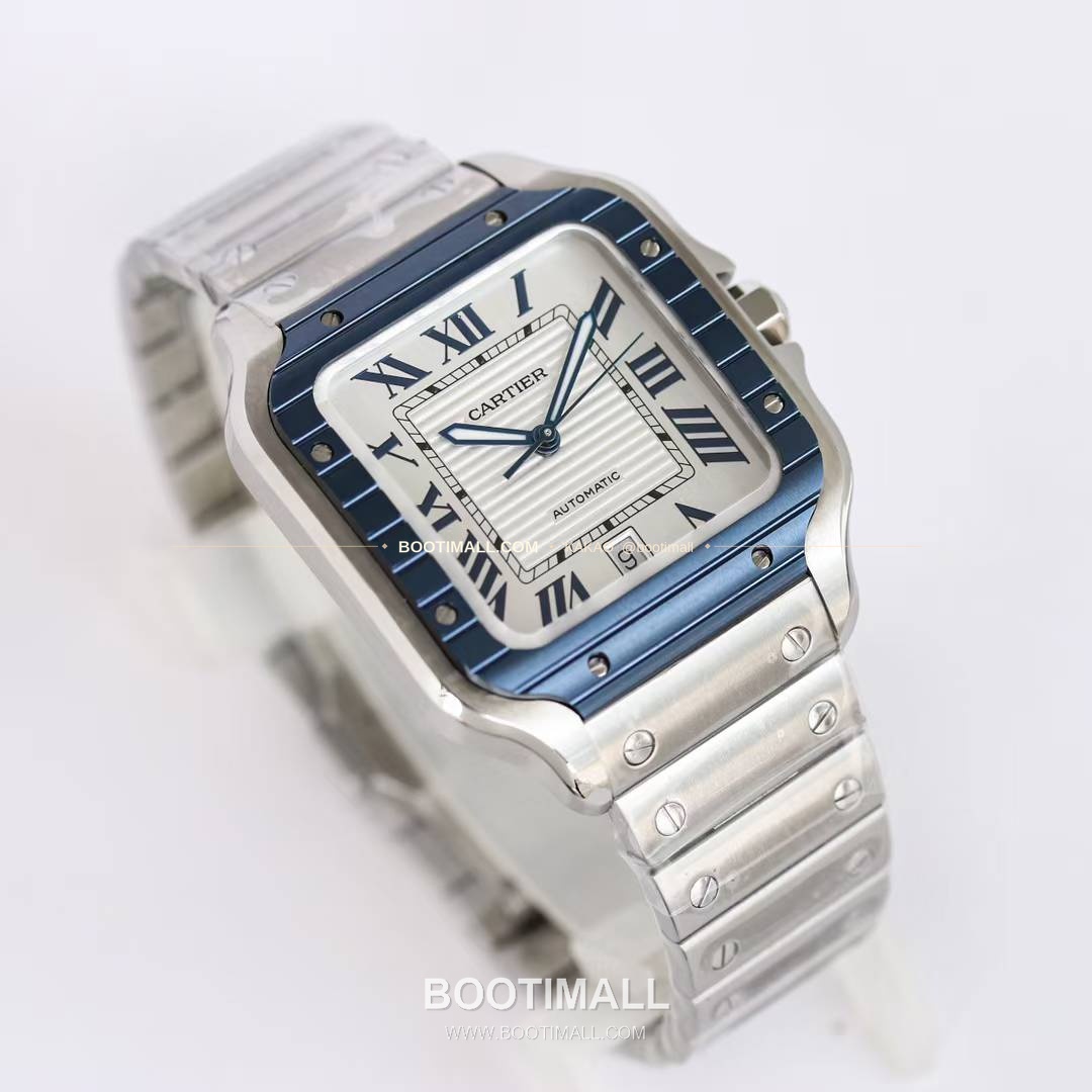까르띠에 산토스 스틸 블루베젤 러버스트랩 오토매틱 Cartier Santos Steel Blue Bezel Rubber Strap Automatic 39.8mm 3