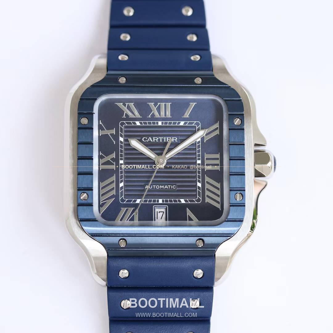 까르띠에 산토스 스틸 블루베젤 러버스트랩 오토매틱 Cartier Santos Steel Blue Bezel Rubber Strap Automatic 39.8mm 1