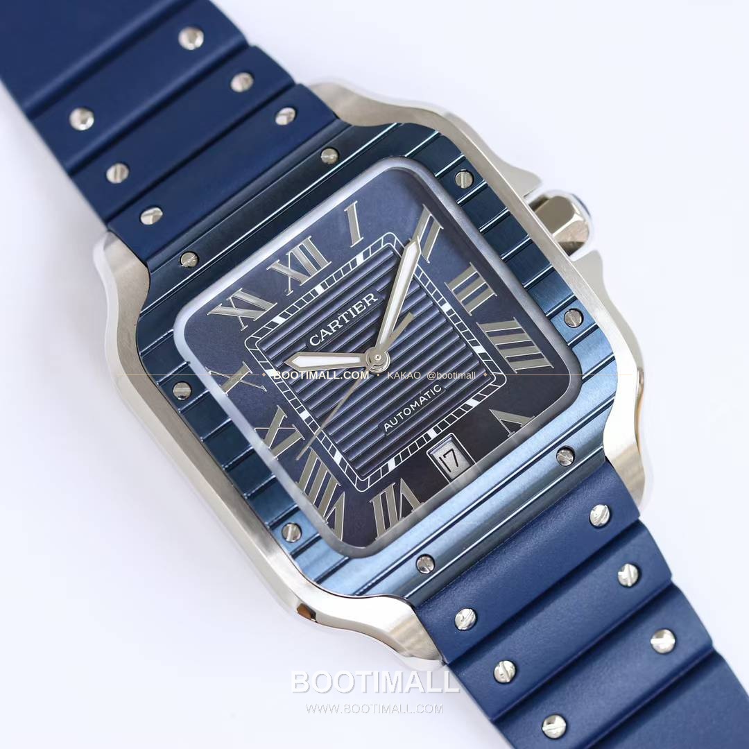 까르띠에 산토스 스틸 블루베젤 러버스트랩 오토매틱 Cartier Santos Steel Blue Bezel Rubber Strap Automatic 39.8mm 2