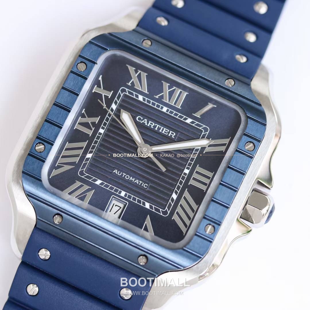 까르띠에 산토스 스틸 블루베젤 러버스트랩 오토매틱 Cartier Santos Steel Blue Bezel Rubber Strap Automatic 39.8mm 3
