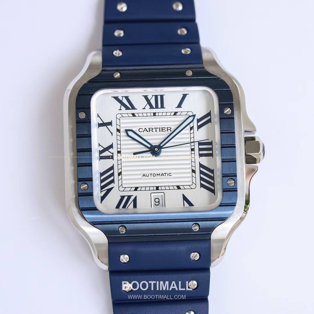 까르띠에 산토스 스틸 블루베젤 러버스트랩 오토매틱 Cartier Santos Steel Blue Bezel Rubber Strap Automatic 39.8mm 1