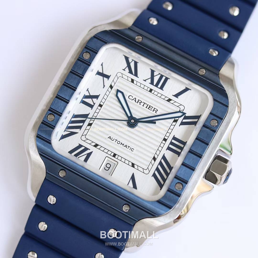 까르띠에 산토스 스틸 블루베젤 러버스트랩 오토매틱 Cartier Santos Steel Blue Bezel Rubber Strap Automatic 39.8mm 3