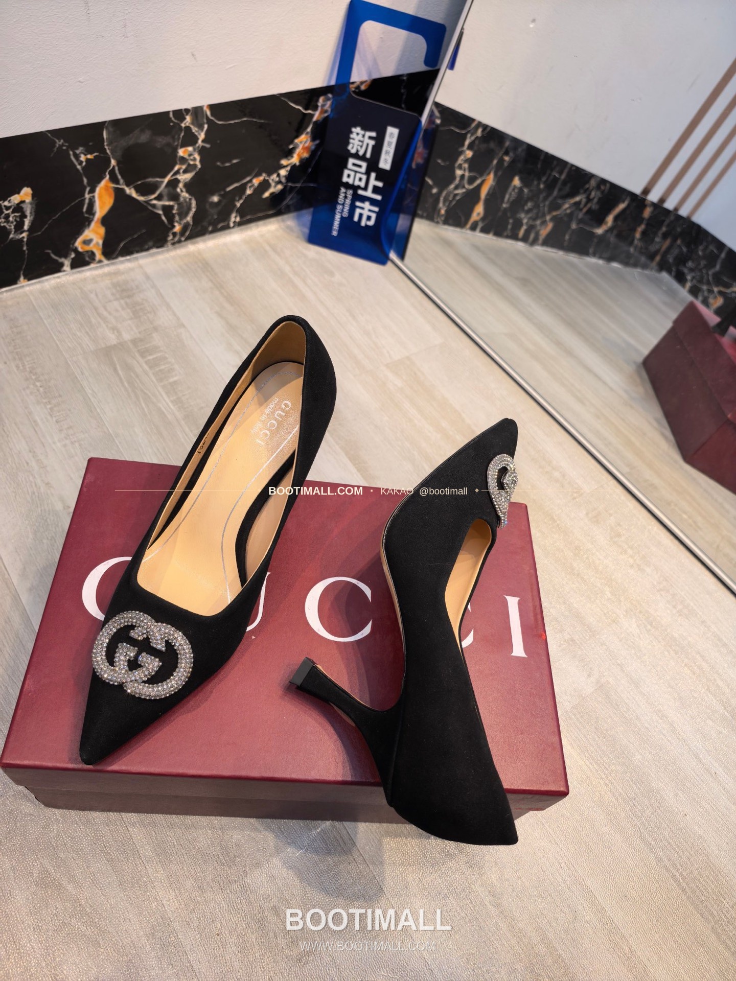 구찌 2026 소가죽 더블G 크리스탈 포인티드토 펌프스 Gucci 2026 Cow Leather Double G Crystal Pointed Toe Black Pumps 5.5cm 5
