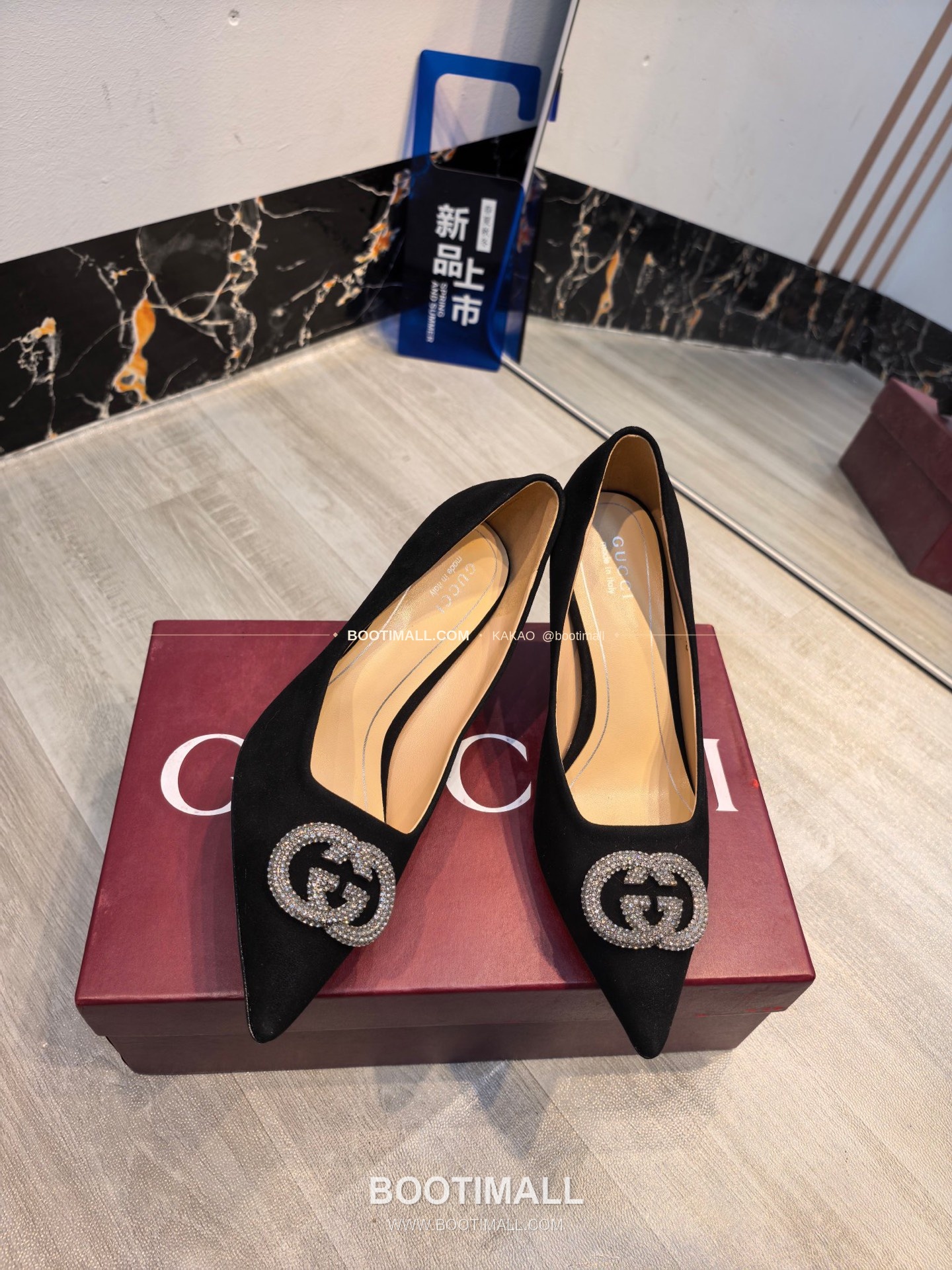 구찌 2026 소가죽 더블G 크리스탈 포인티드토 펌프스 Gucci 2026 Cow Leather Double G Crystal Pointed Toe Black Pumps 5.5cm 7